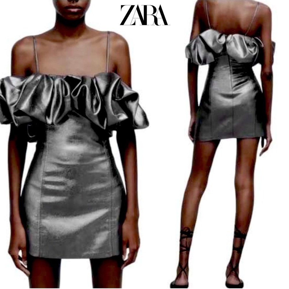 Zara silver metallic chrome voluminous mini dress ruffle frill off the shoulder